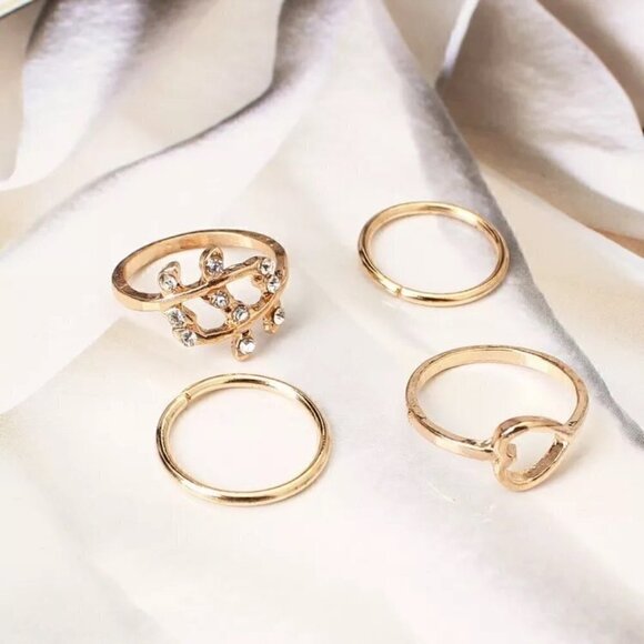 4 Piece Golden Heart Vine Midi Ring Set - Picture 2 of 6